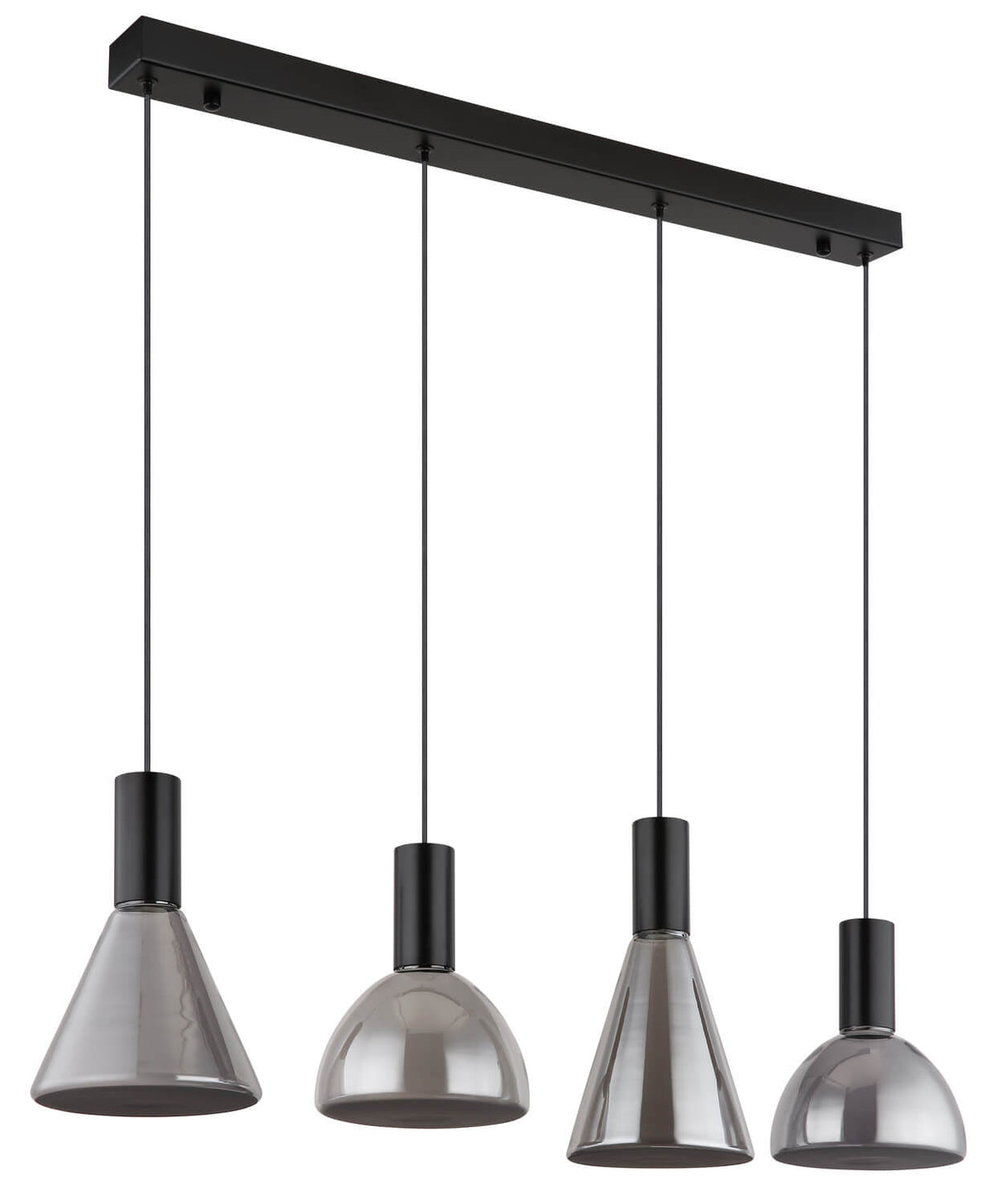 Présentation du luminaire complet avec quatre diffuseurs en verre aux reflets gris