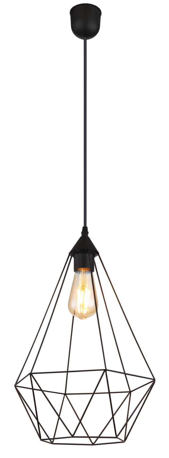 Vue en pied de la suspension noire, câble et cage filaire géométrique, ampoule incluse.