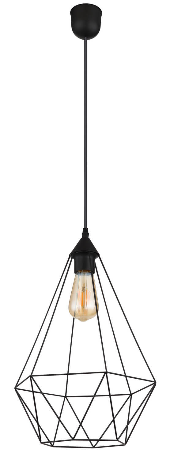 Vue d'ensemble du luminaire noir, abat-jour cage en métal et douille apparente, sur fond blanc.