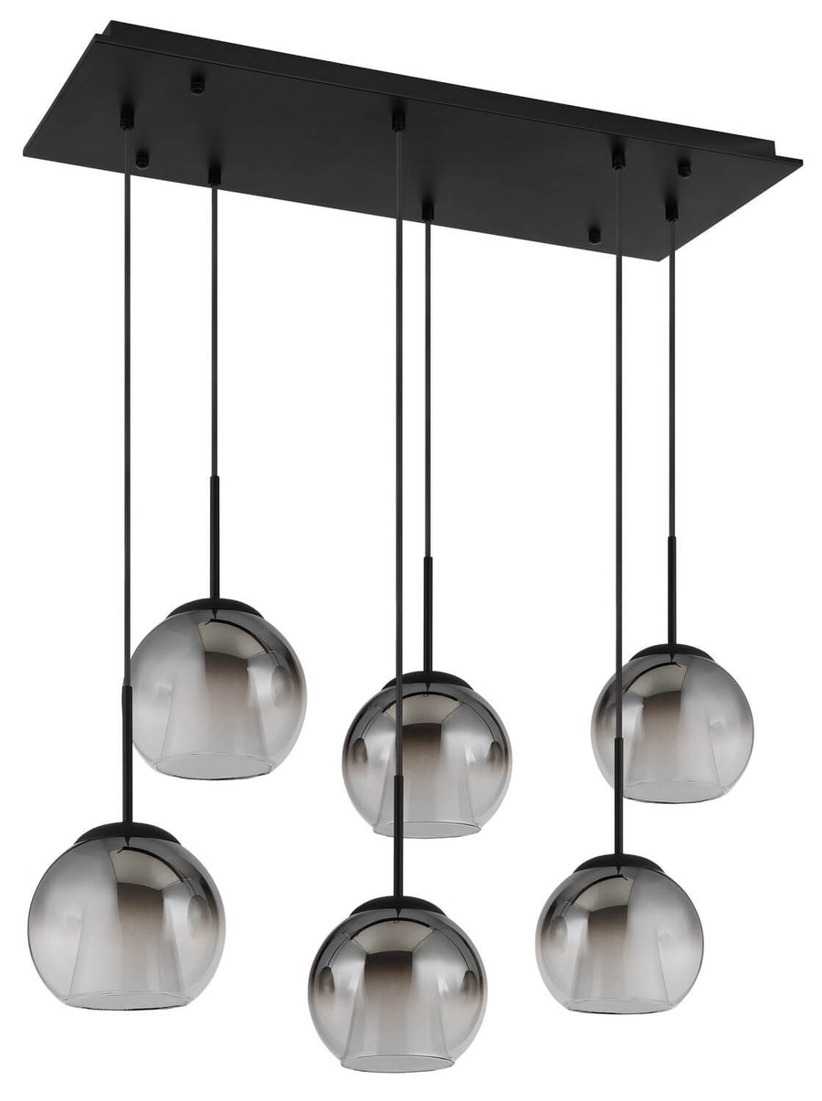 Détail des globes en verre fumé éteints, reflets gris sous la platine noire.
