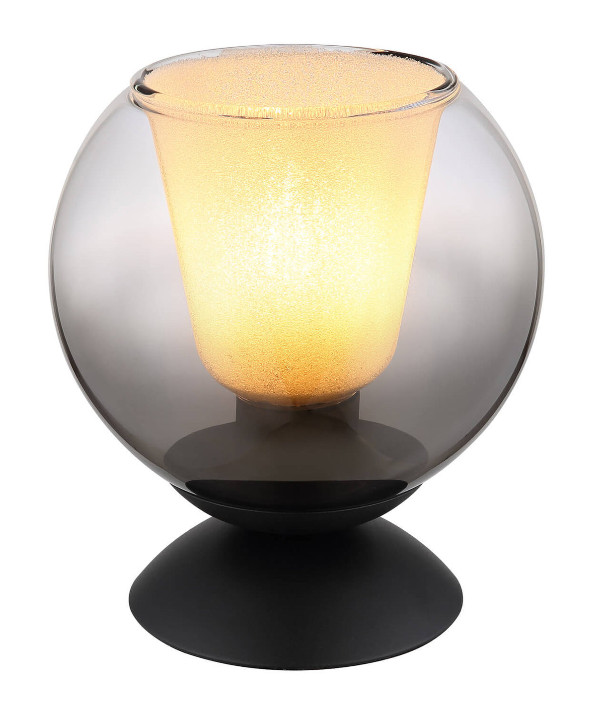 Luminaire de face, sphère en verre fumé renfermant un diffuseur doré allumé