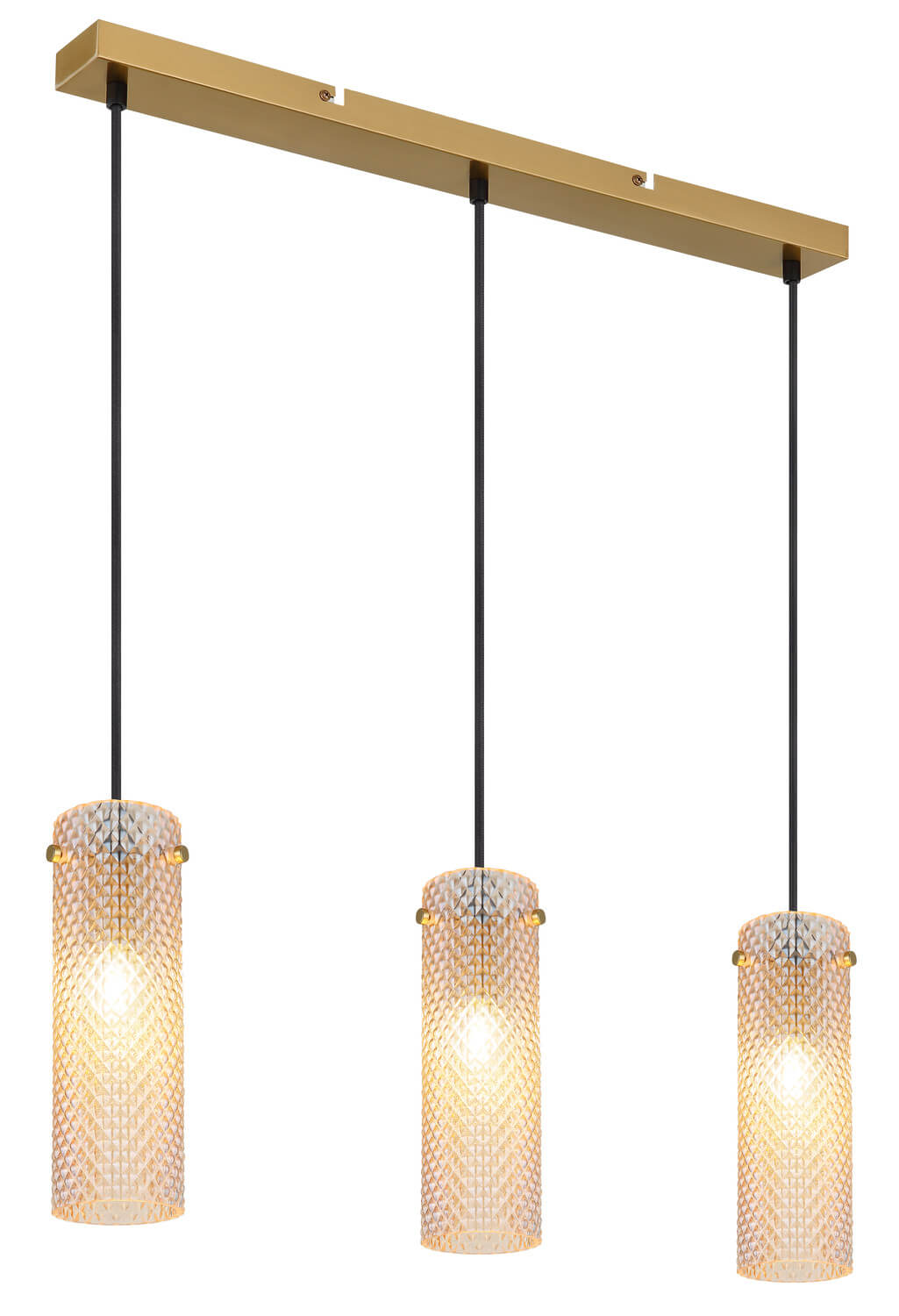 Vue de face de la suspension, barre dorée et trois suspensions cylindriques en verre transparent.