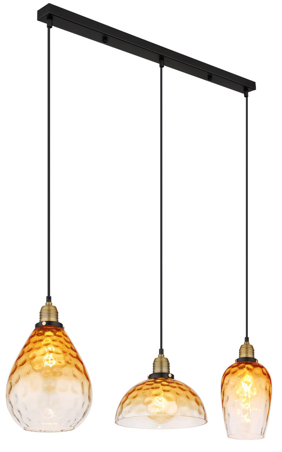 Vue d'ensemble du luminaire suspendu, barre noire et trois diffuseurs en verre ambré.