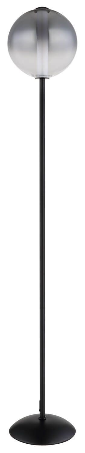 Lampadaire noir mat entier, globe éteint, pied rond et mât fin.