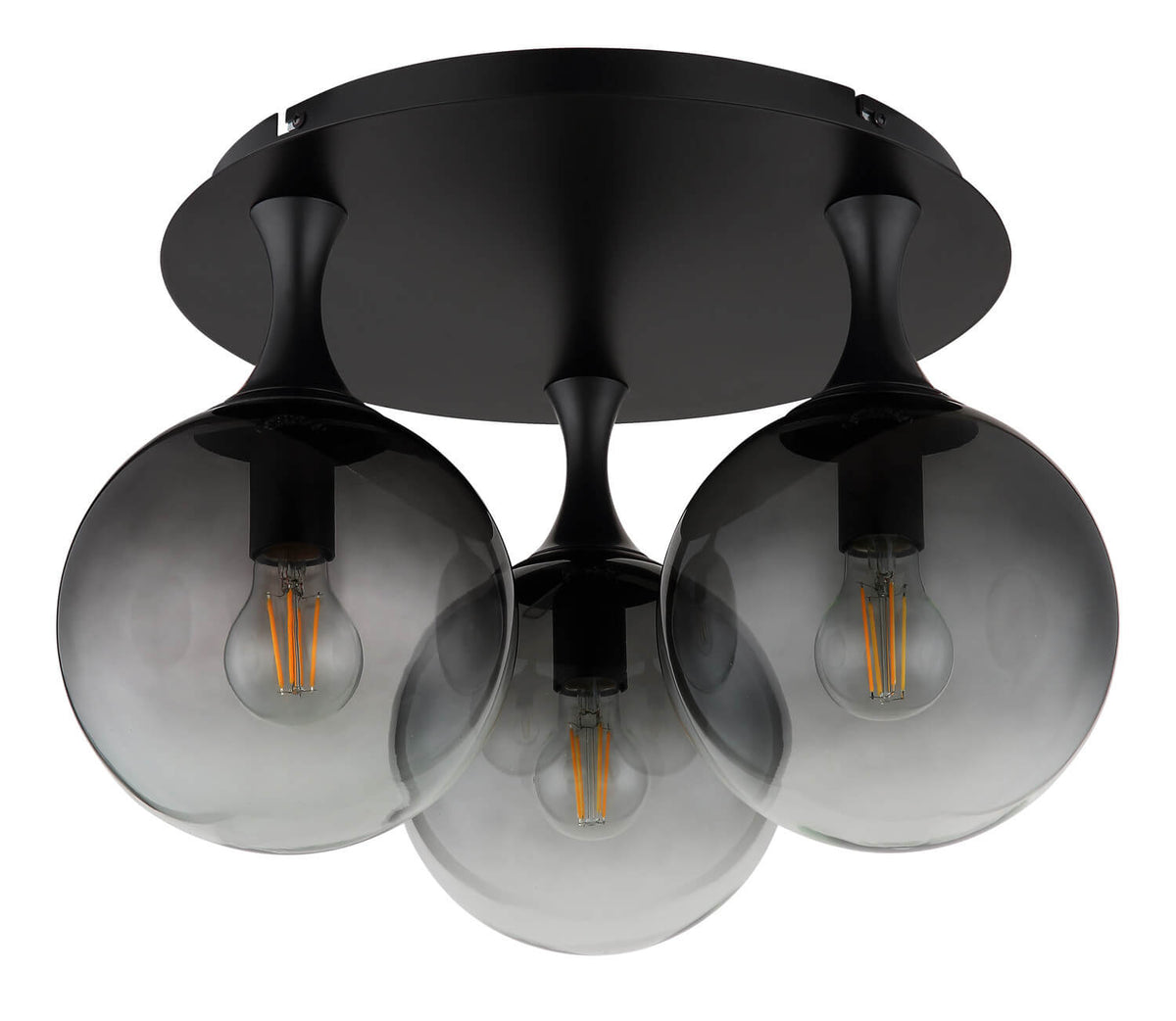 Vue rapprochée du plafonnier noir mat avec globes fumés et filaments apparents.