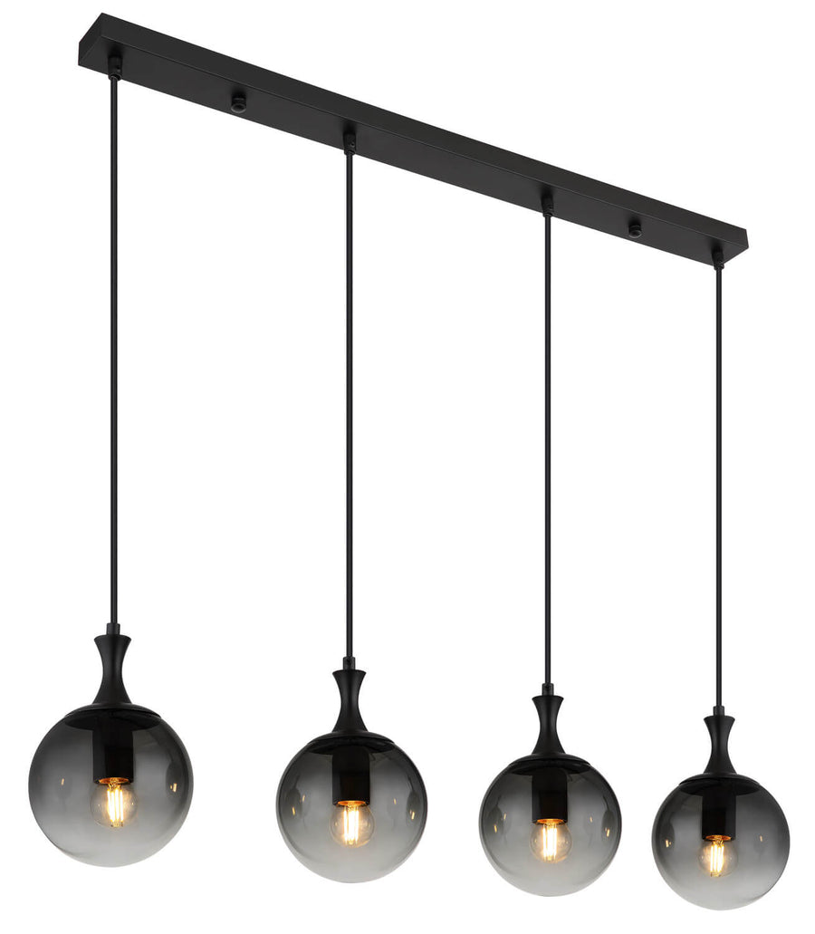 Suspension noire à quatre globes en verre fumé, vue de trois quarts sur fond blanc