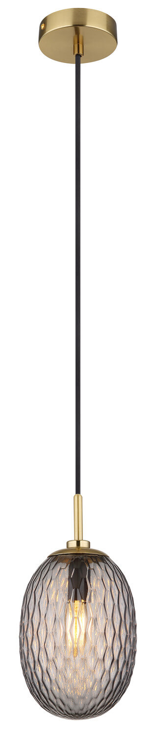 Vue en pied du luminaire, longue suspension noire et diffuseur ovale en verre