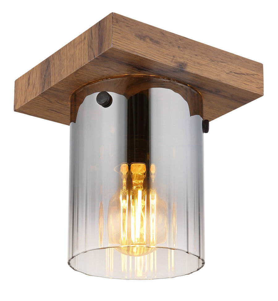 Vue de face du plafonnier carré en bois et verre fumé, ampoule visible