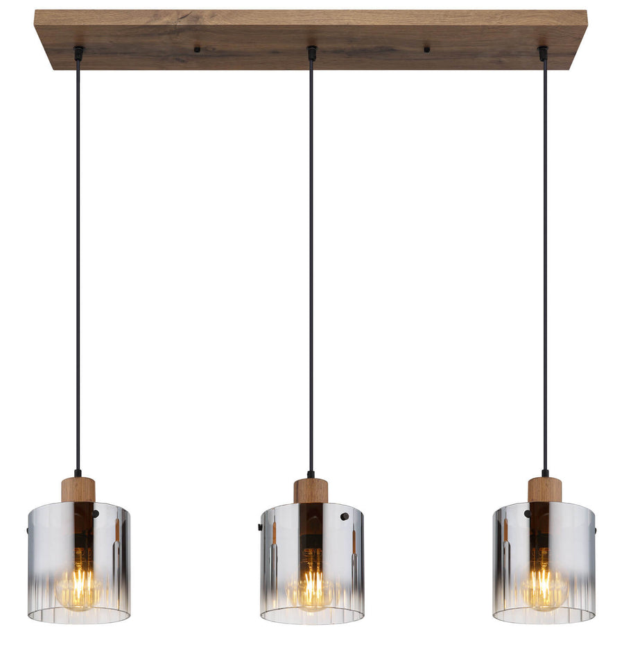 Luminaire suspendu trois lumières présenté de face avec abat-jours en verre et détails en bois.