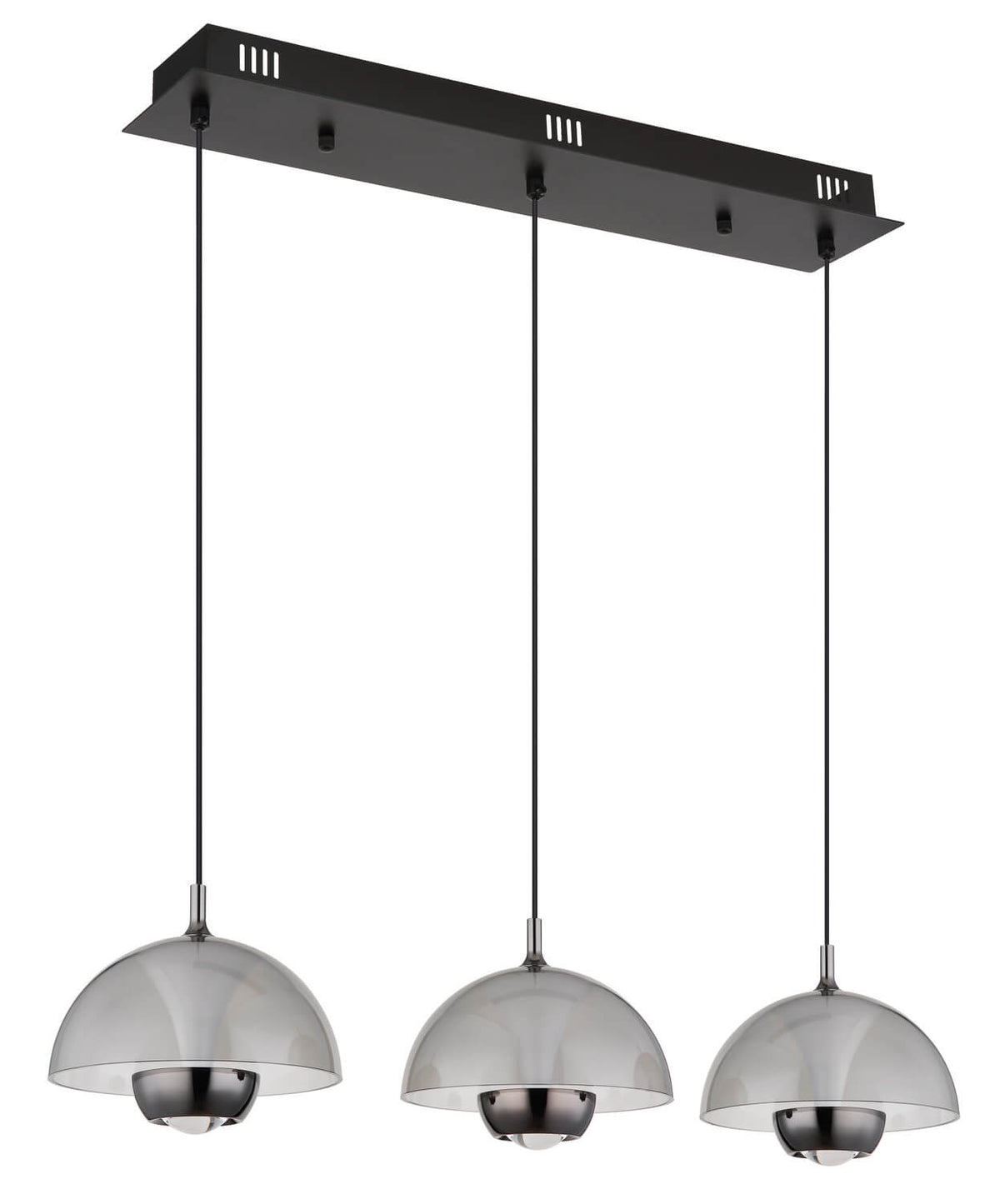 Vue de face du luminaire éteint, montrant les trois abat-jours en verre gris