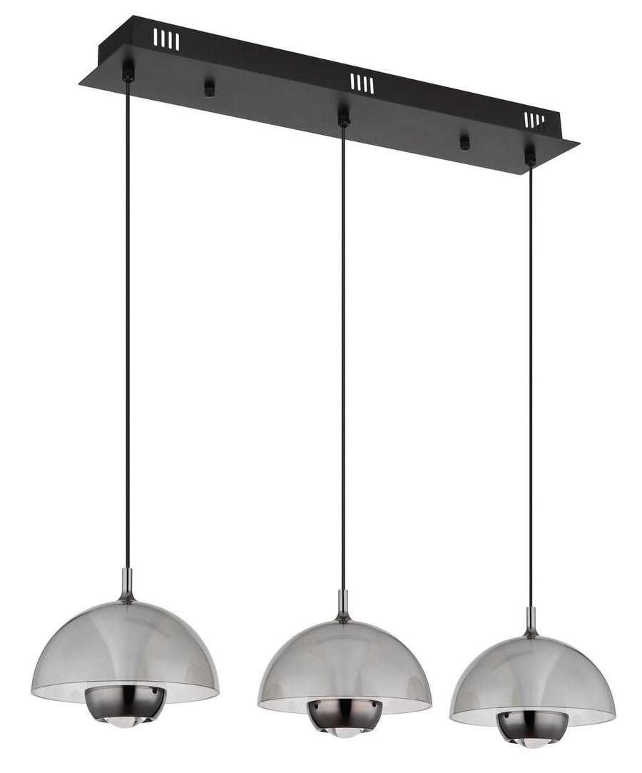 Vue de face du luminaire éteint, montrant les trois abat-jours en verre gris