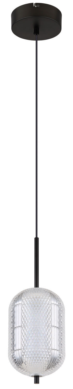 Détail vertical du luminaire suspendu : verre cylindrique strié et métal noir mat.