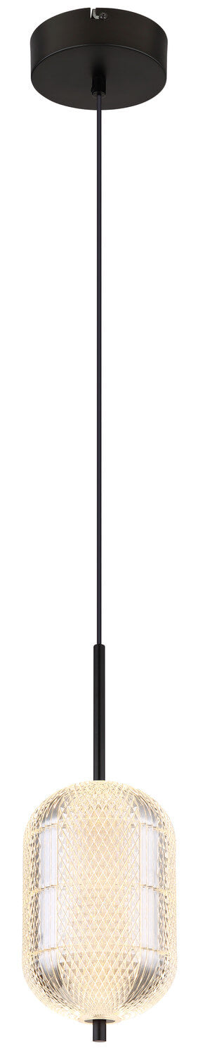 Suspension cylindrique en verre texturé et métal noir, éclairage allumé sur fond neutre.