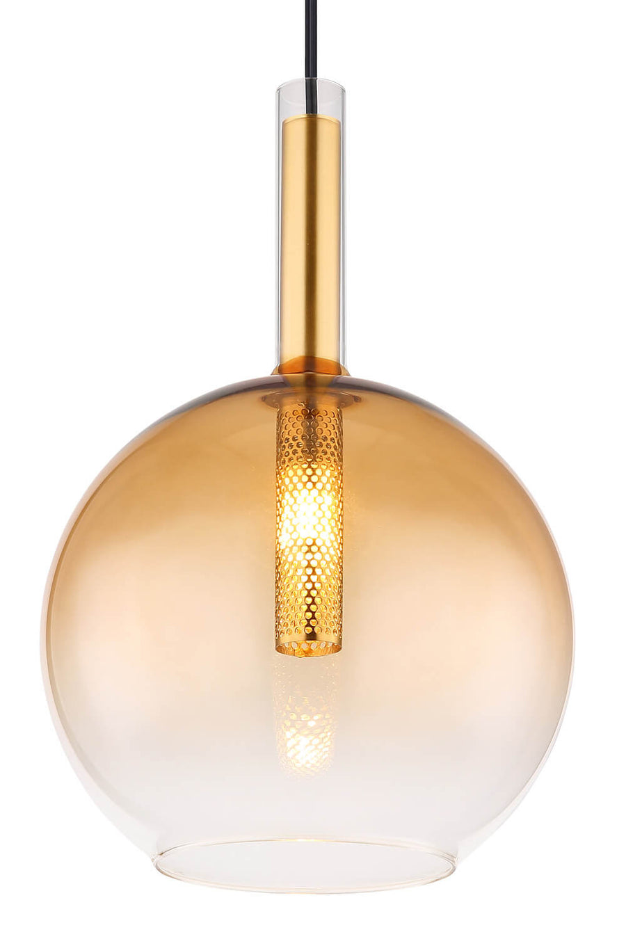 Détail rapproché du globe, tube doré perforé et reflet lumineux