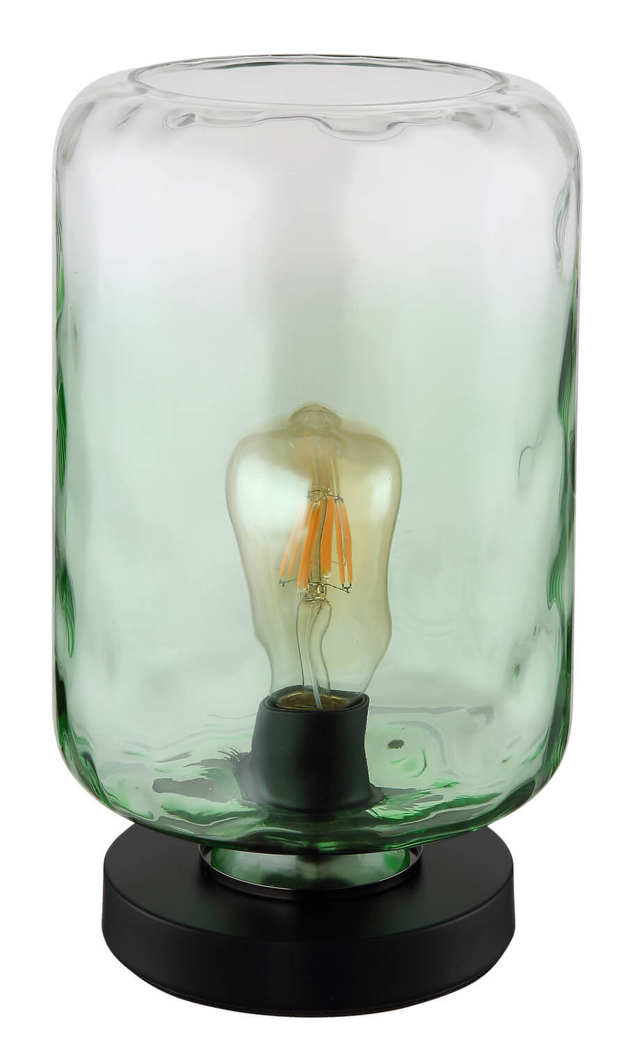 Vue rapprochée du luminaire, détail du verre vert et de l’ampoule à filament