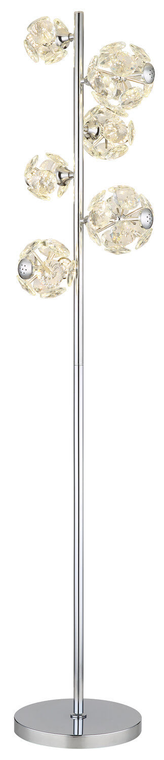 Vue en pied du lampadaire, mât vertical fin et base ronde métal poli