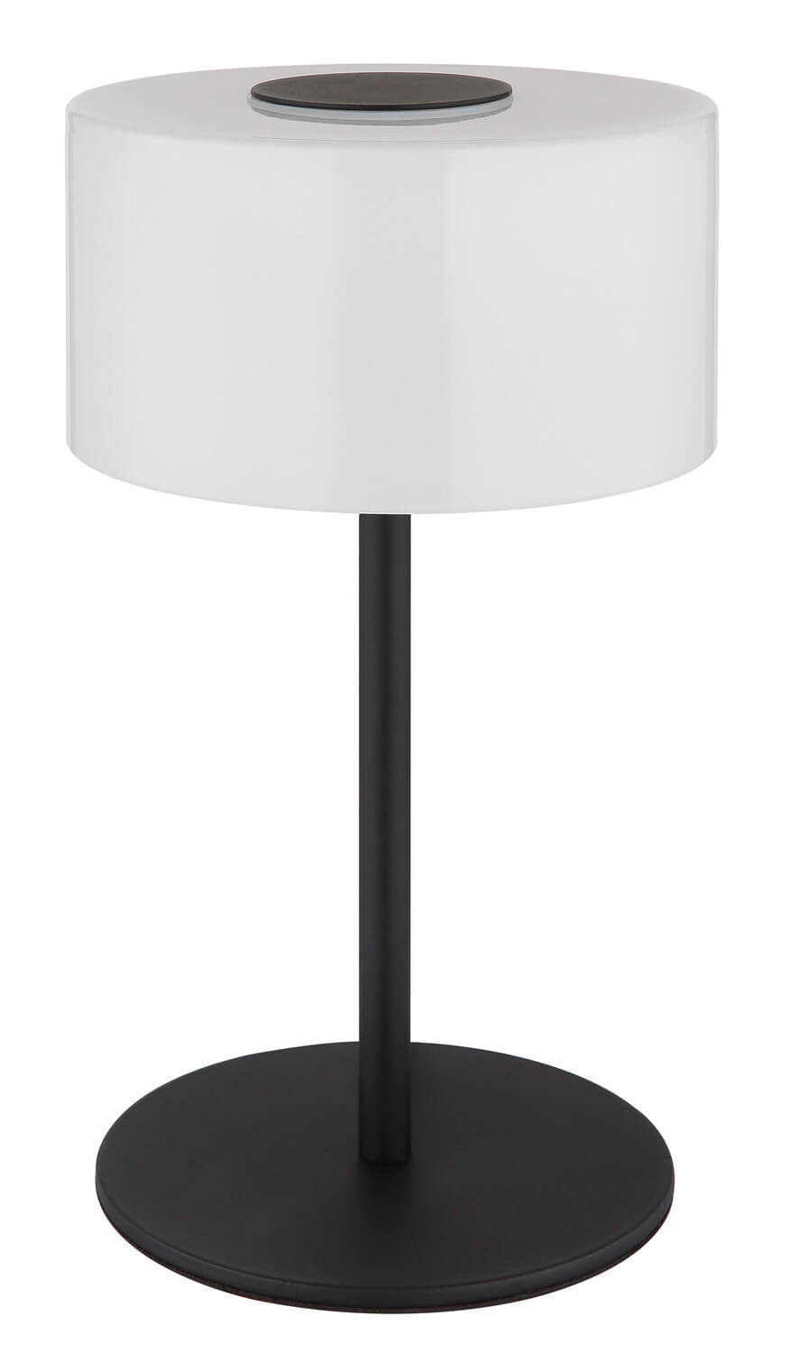 Luminaire présenté de trois quarts, abat-jour blanc et pied métallique noir mat
