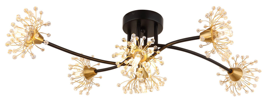 Vue en contre-plongée du plafonnier noir et or avec cinq diffuseurs floraux