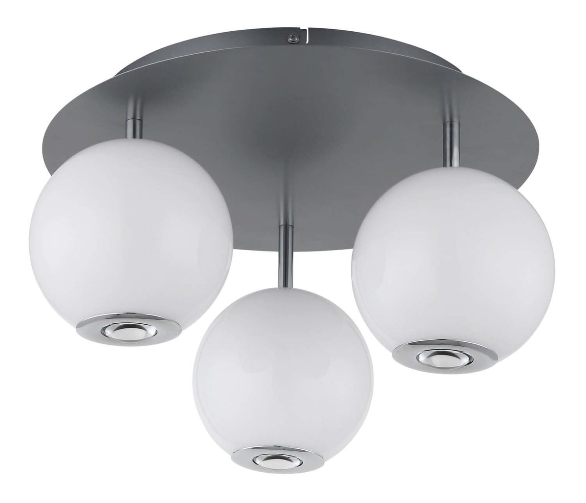Vue de dessous montrant les trois diffuseurs sphériques et la platine circulaire grise