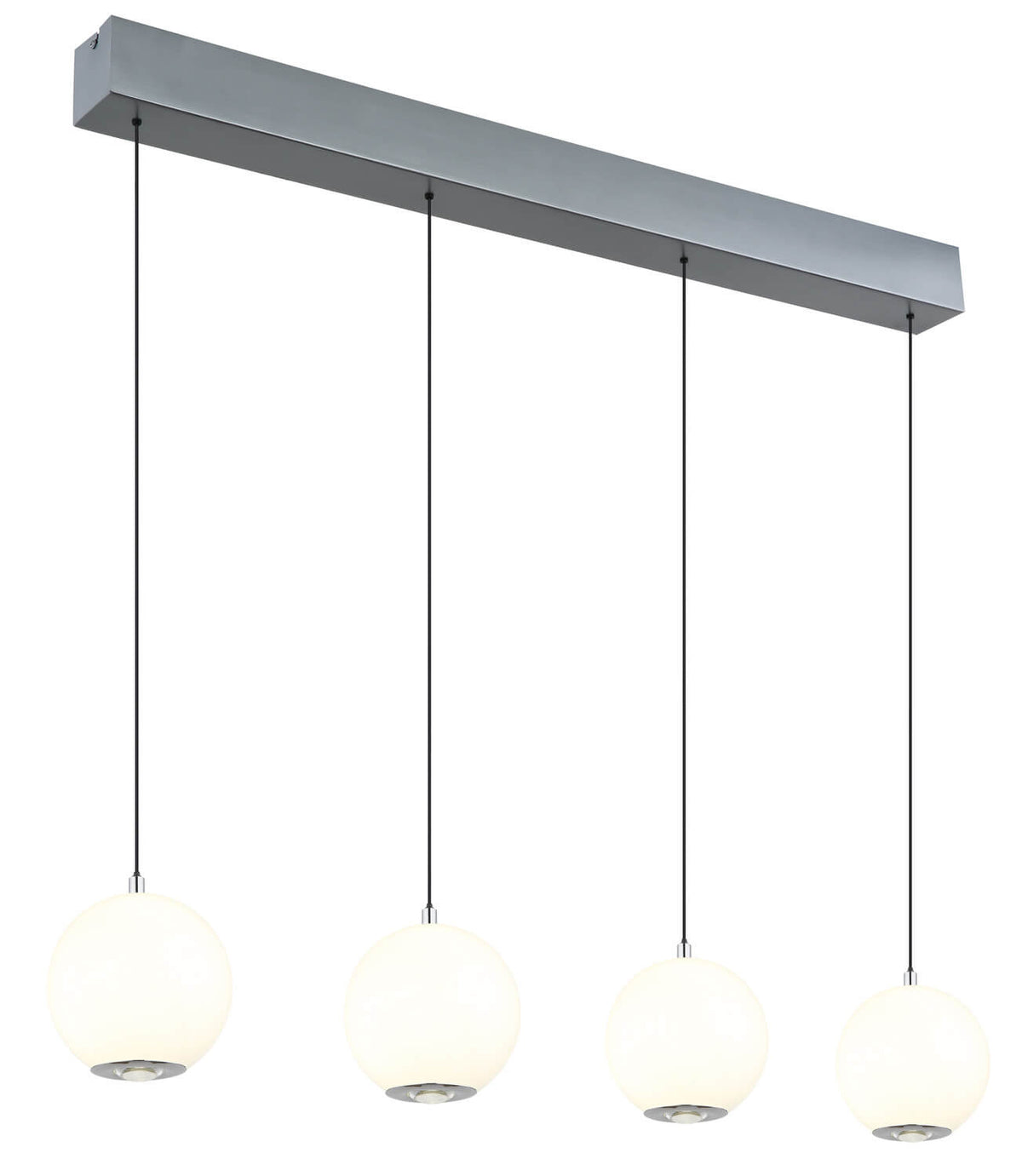 Suspension quatre boules en verre blanc opale sous une barre rectangulaire grise, fond blanc.