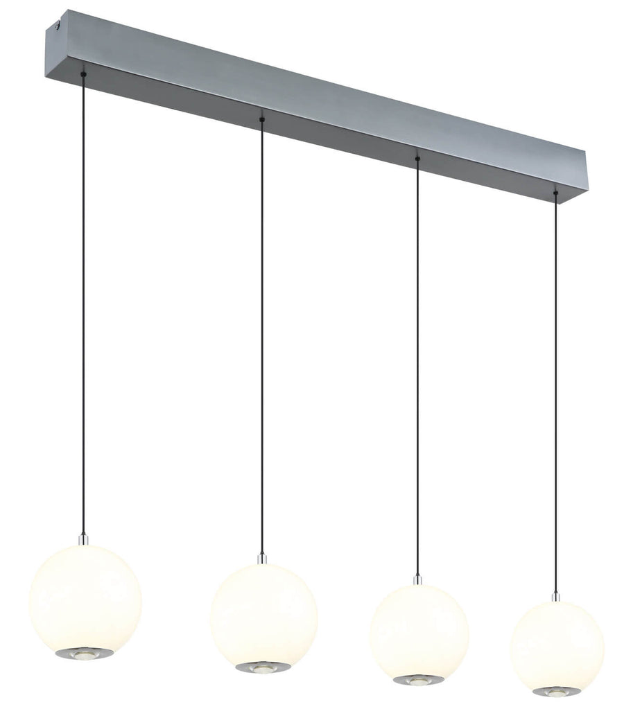 Suspension quatre boules en verre blanc opale sous une barre rectangulaire grise, fond blanc.