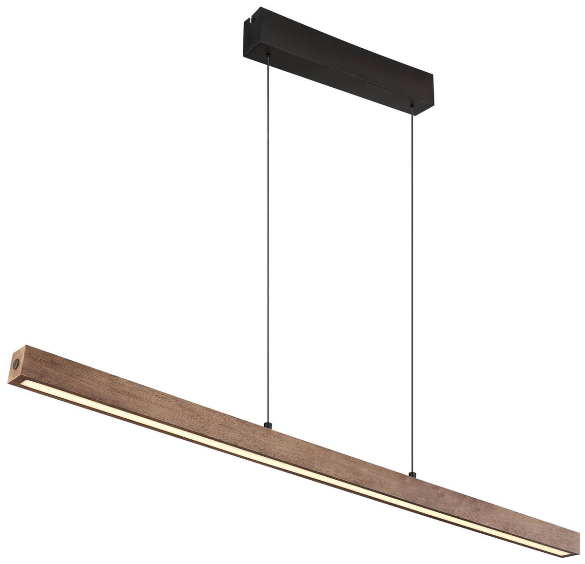 Suspension linéaire vue de face, longue barre bois et platine noire