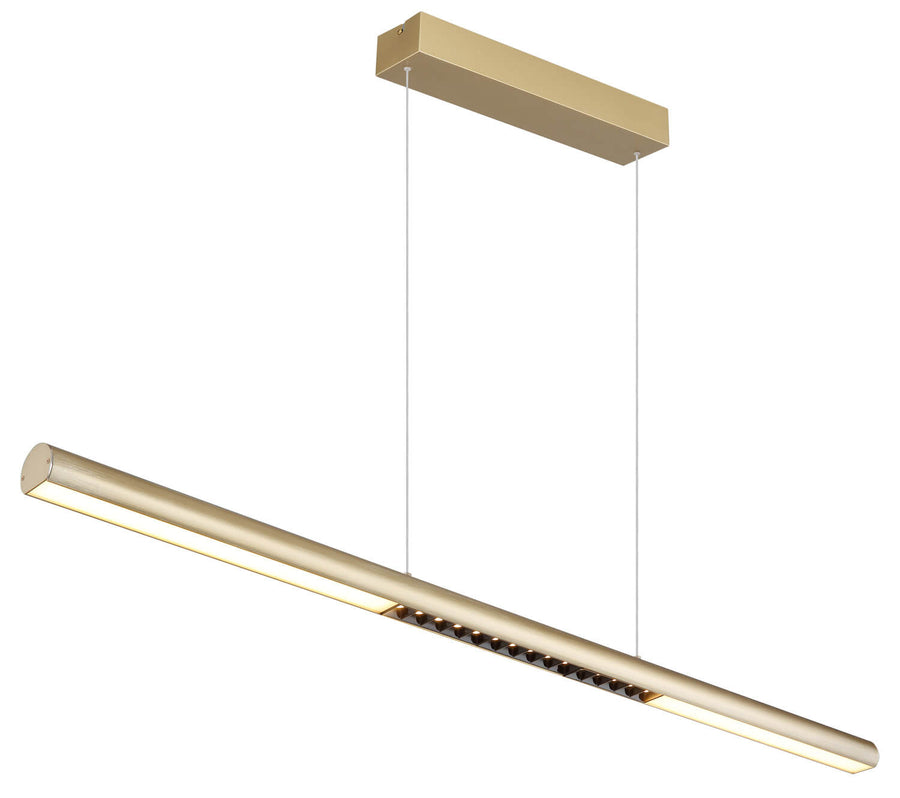 Suspension dorée vue de trois quarts sur fond blanc, long tube LED