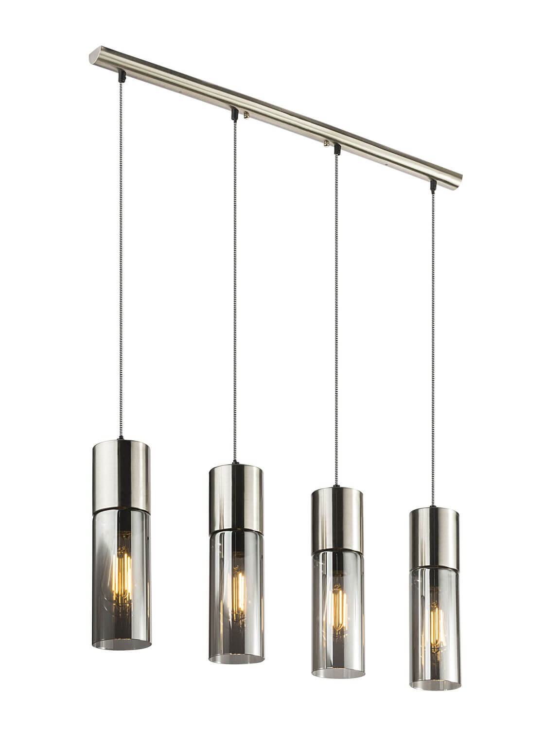 Vue de face du luminaire suspendu avec quatre abat-jours cylindriques alignés