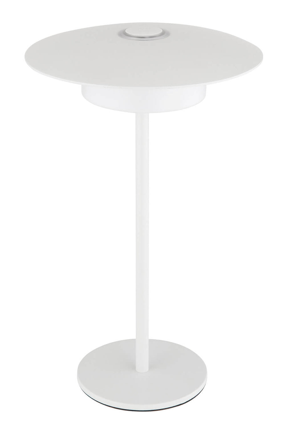 Vue de face sur fond blanc, disque supérieur blanc et pied élancé.