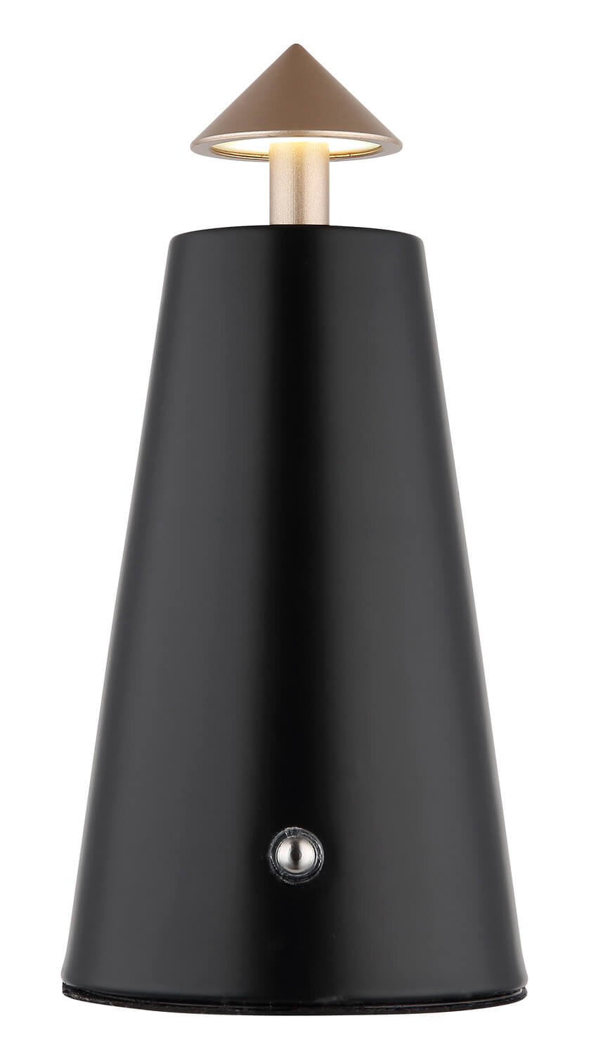 Vue de face sur fond blanc, base conique noire et tige dorée