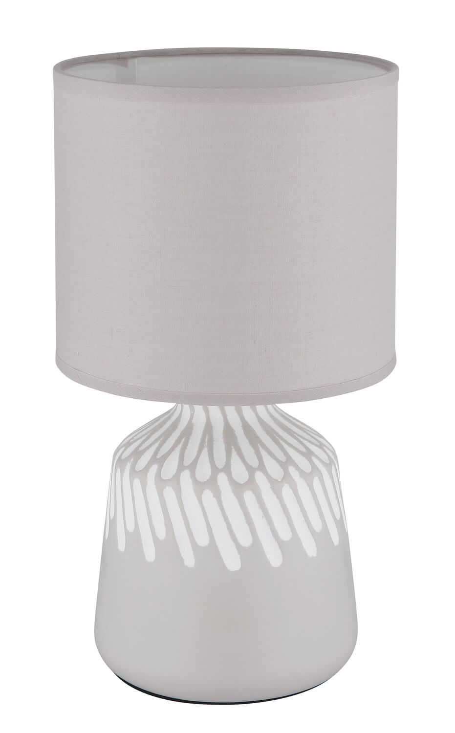 Lampe éteinte vue de face, abat-jour gris clair et base à motif coulures