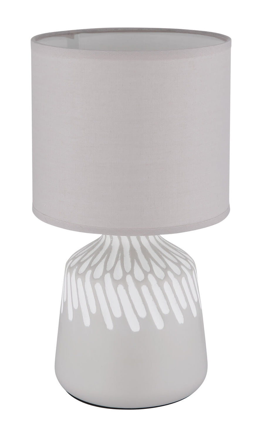 Lampe éteinte vue de face, abat-jour gris clair et base à motif coulures
