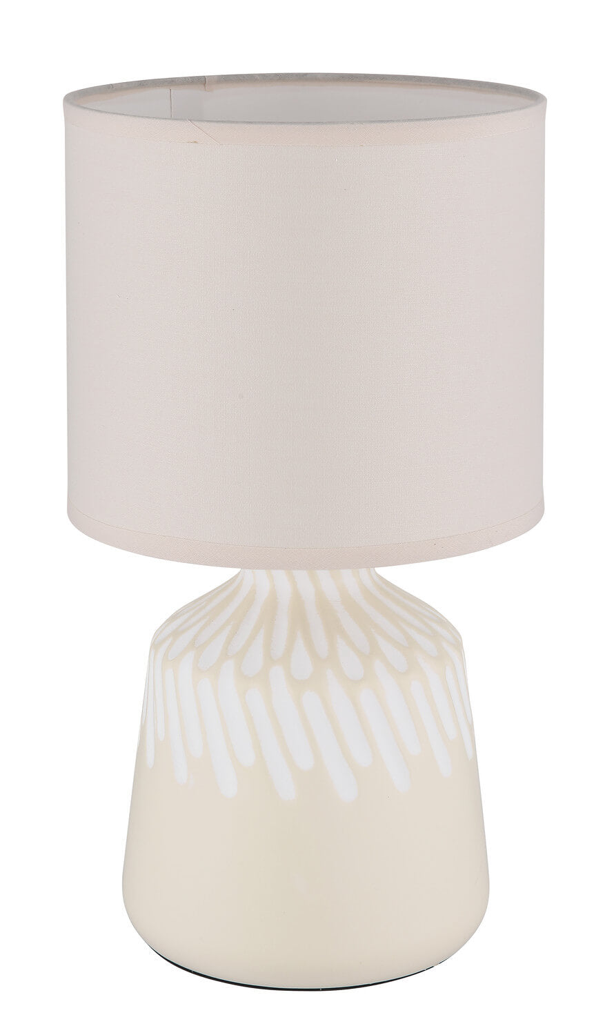 Lampe éteinte, abat-jour beige clair et base céramique à décor de traits