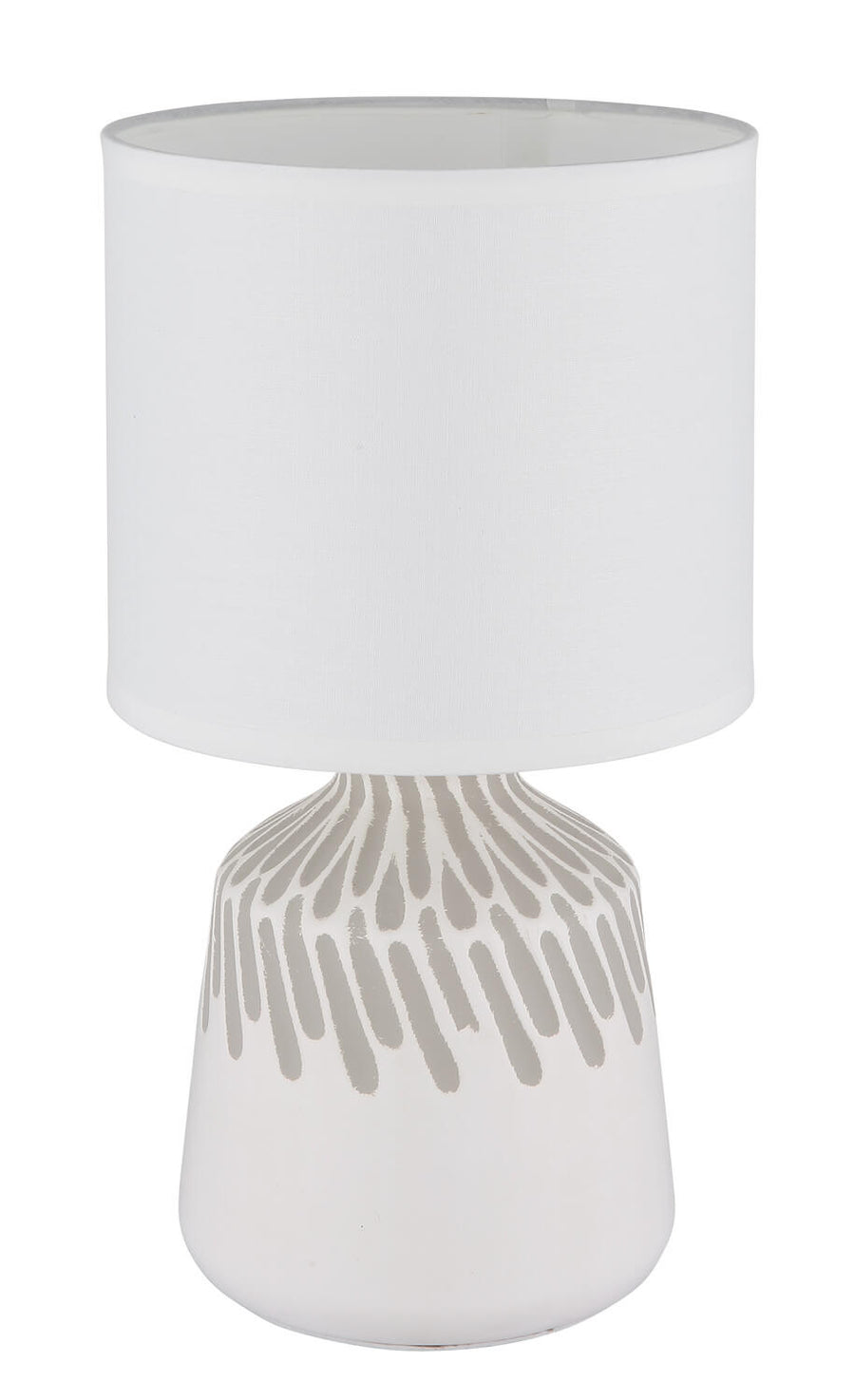Produit de face, abat-jour éteint, pied céramique à motif de gouttes grises.