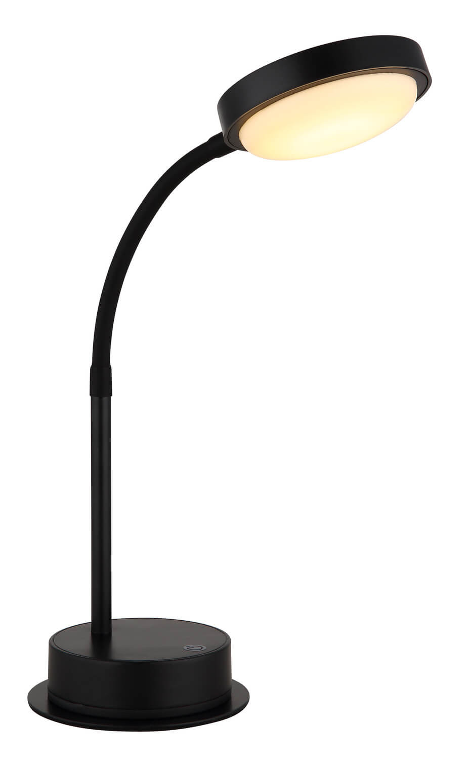 Lampe à poser noire mat allumée, vue de face sur fond blanc neutre