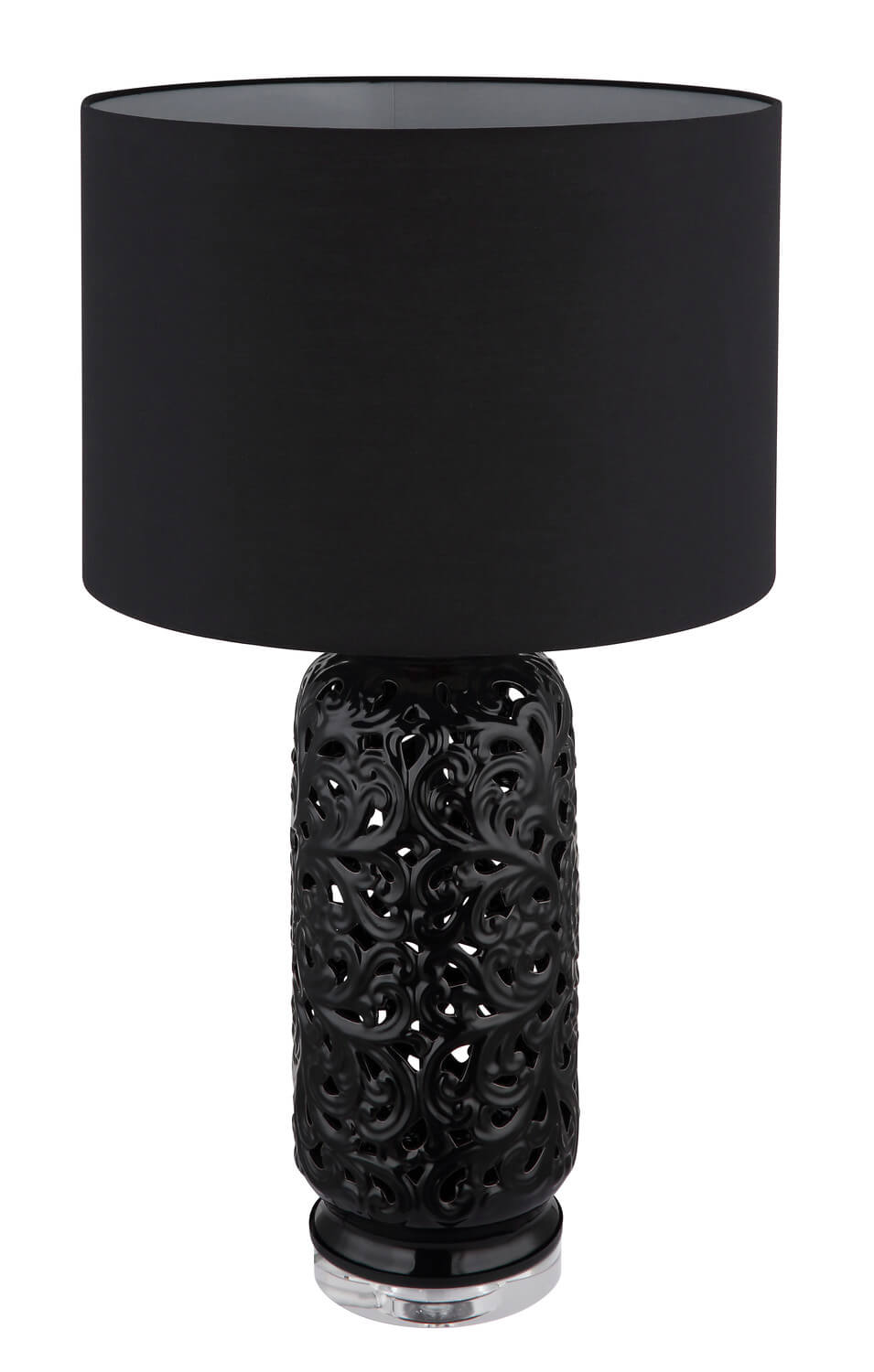Version tout en noir : abat-jour opaque et socle cylindrique ajouré sur fond blanc