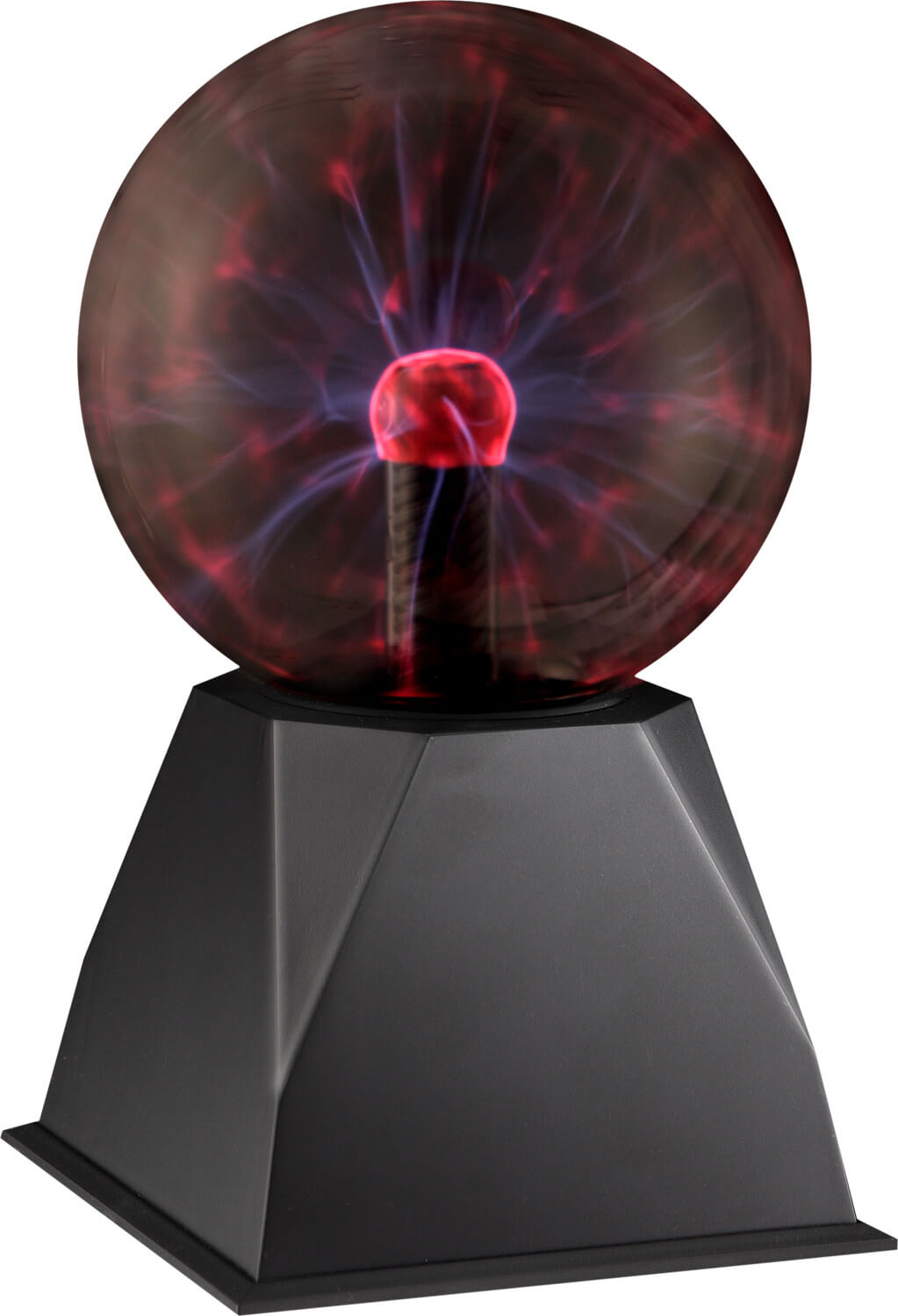 Vue rapprochée du globe plasma avec base trapézoïdale noire et décharge électrique