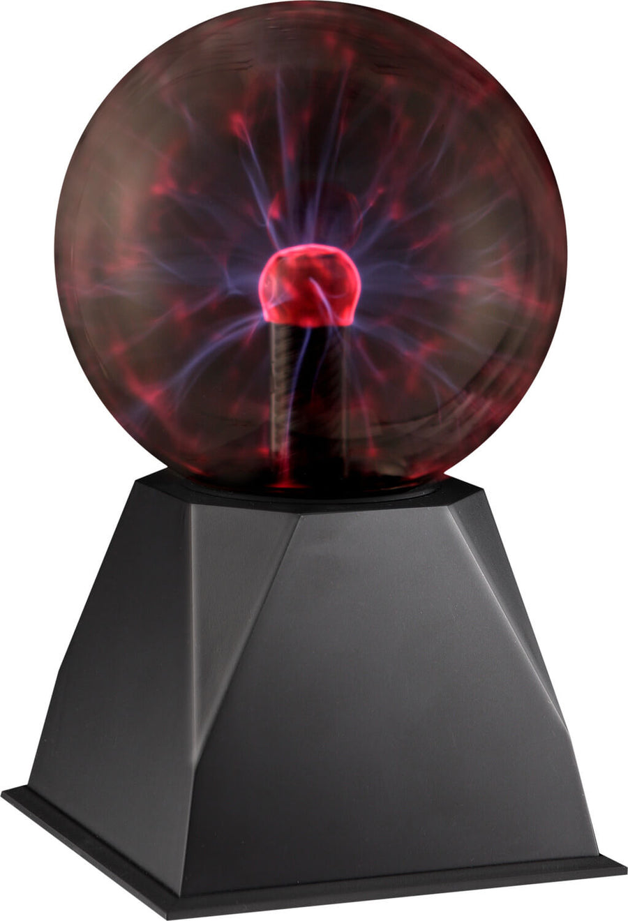 Vue rapprochée du globe plasma avec base trapézoïdale noire et décharge électrique