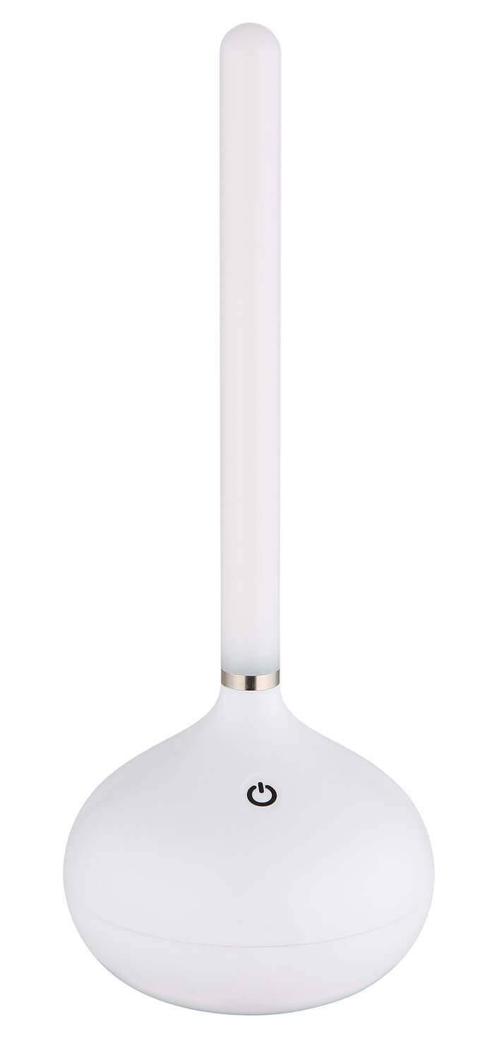 Lampe éteinte, tige blanche opaque et socle galbé vus de face