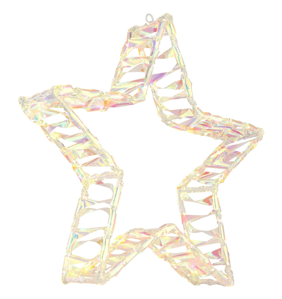 Étoile décorative transparente aux reflets iridescents, présentée de face sur fond blanc
