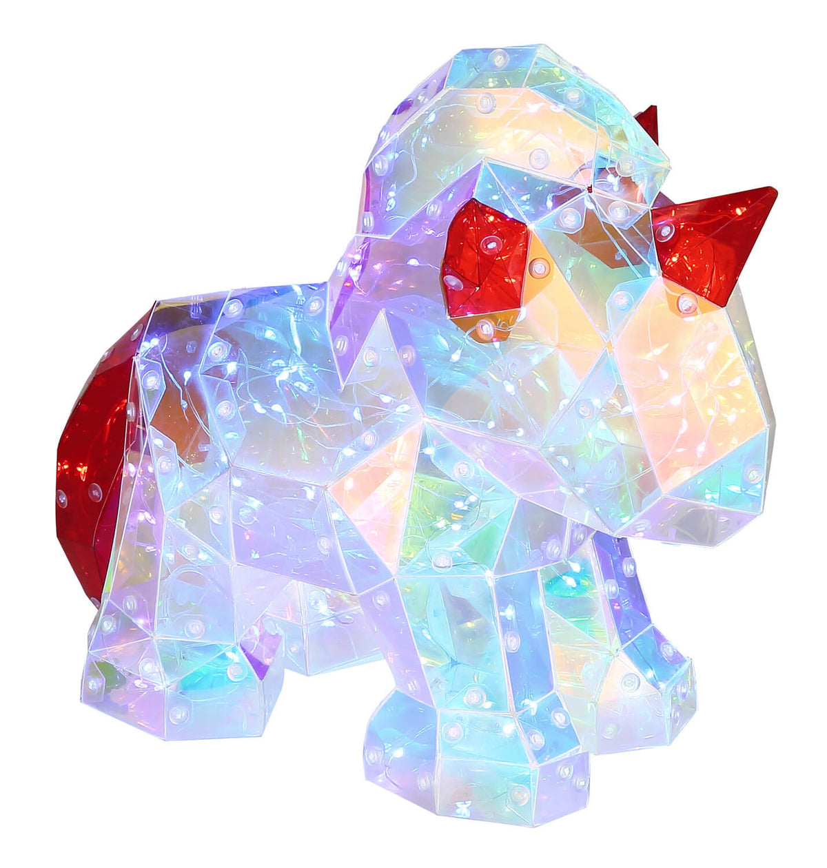 Détail du motif animalier facetté et iridescent, éclairage LED multicolore.