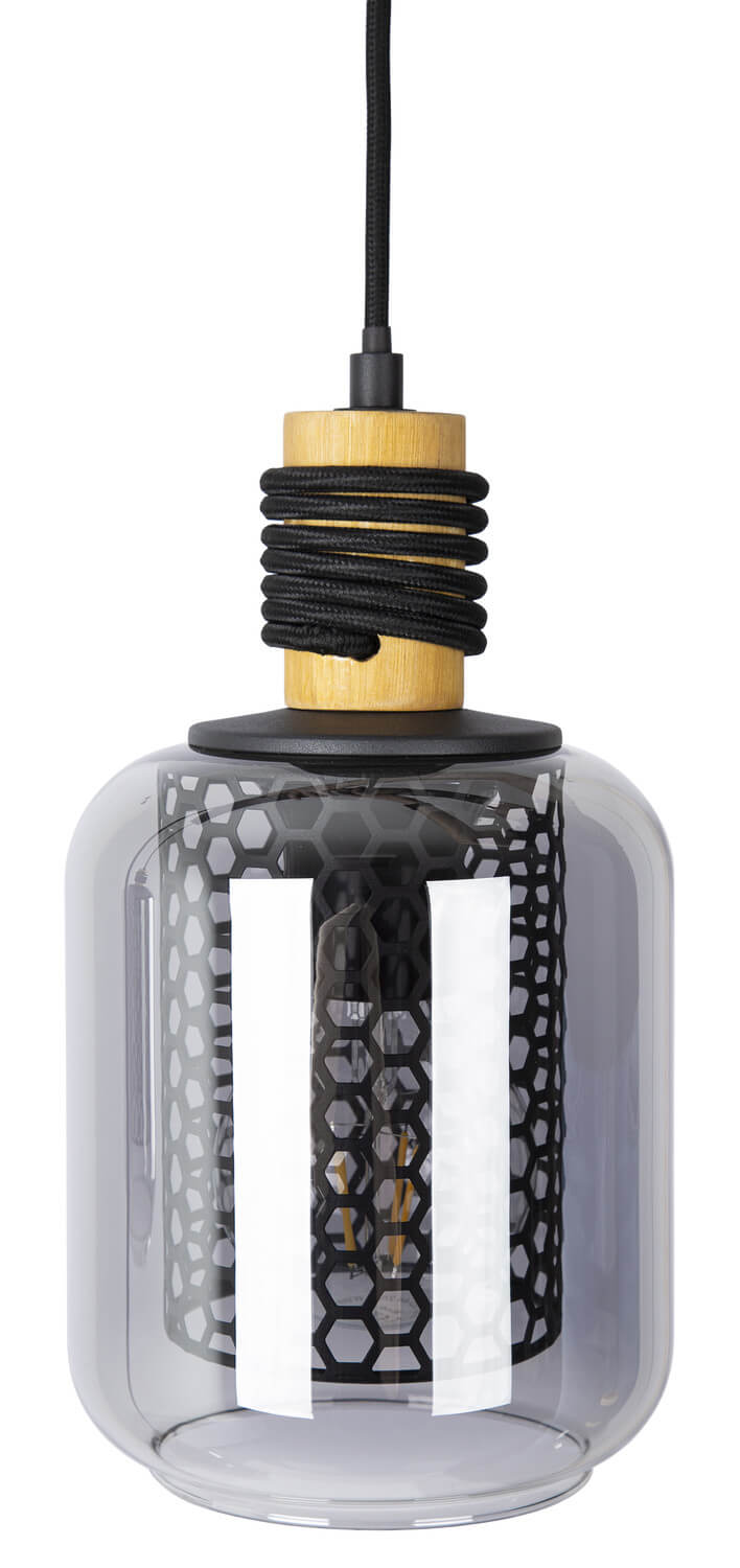 Gros plan sur un abat-jour en verre transparent, doublure alvéolée et fixation en bois noir.