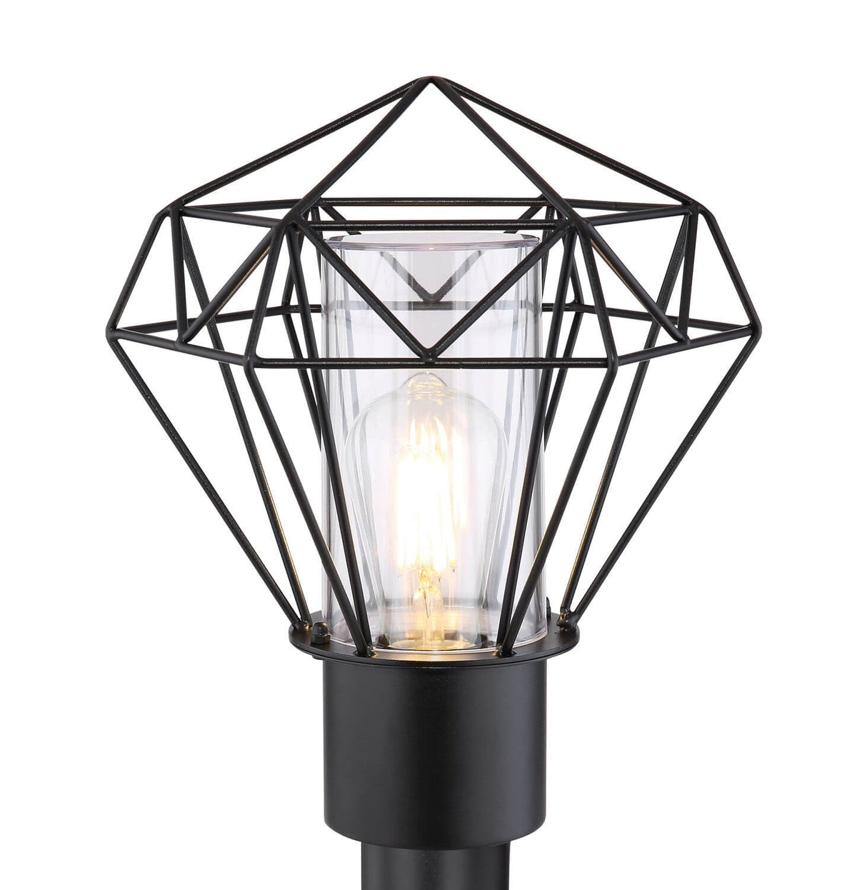 Détail de la tête en métal noir, cage géométrique, verre et ampoule à filament