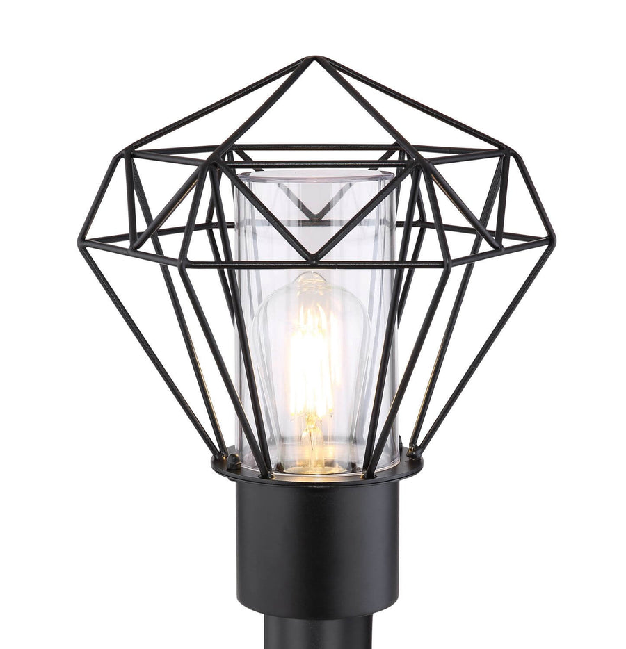 Détail de la tête en métal noir, cage géométrique, verre et ampoule à filament