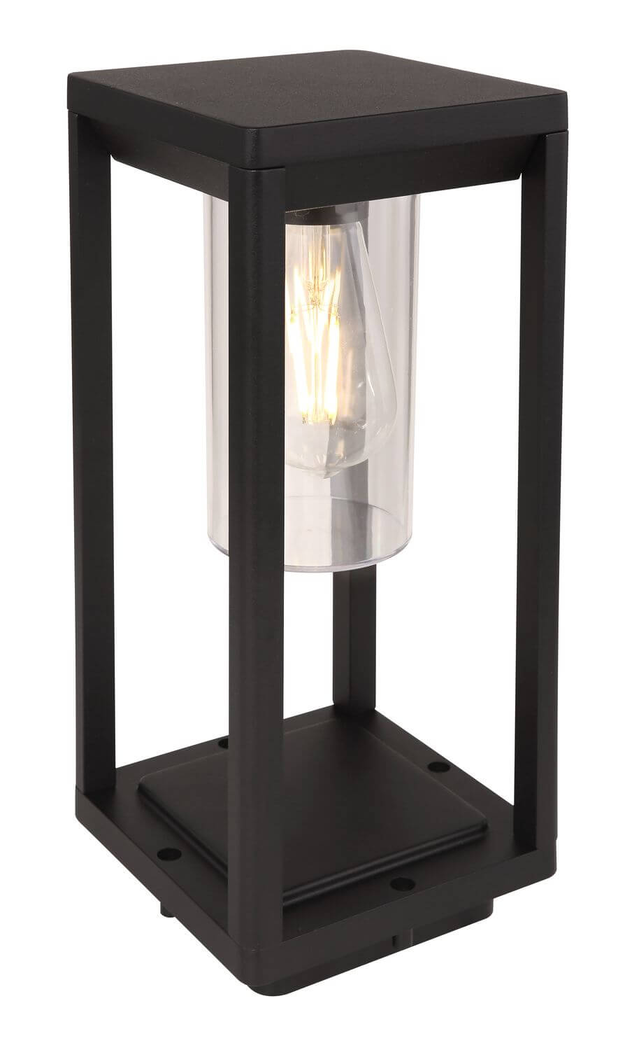 Vue de trois quarts du luminaire extérieur avec ampoule à filament allumée.