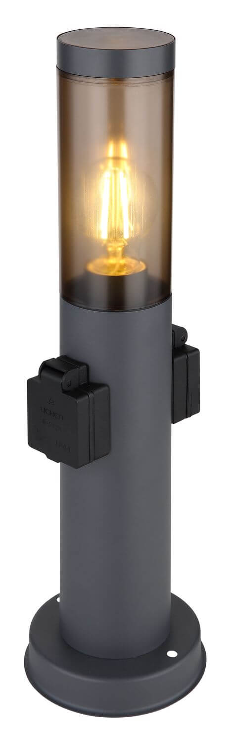 Vue rapprochée du luminaire cylindrique anthracite avec ampoule Edison et prises intégrées.