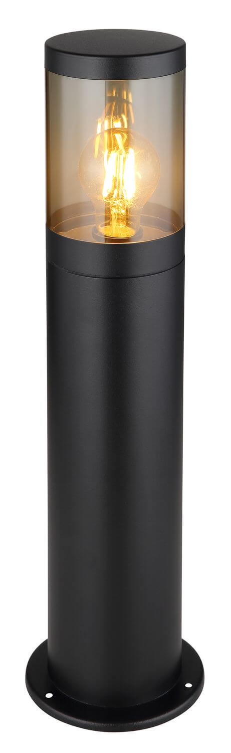 Luminaire extérieur entier dressé, corps noir mat, partie supérieure vitrée ambrée, socle circulaire.