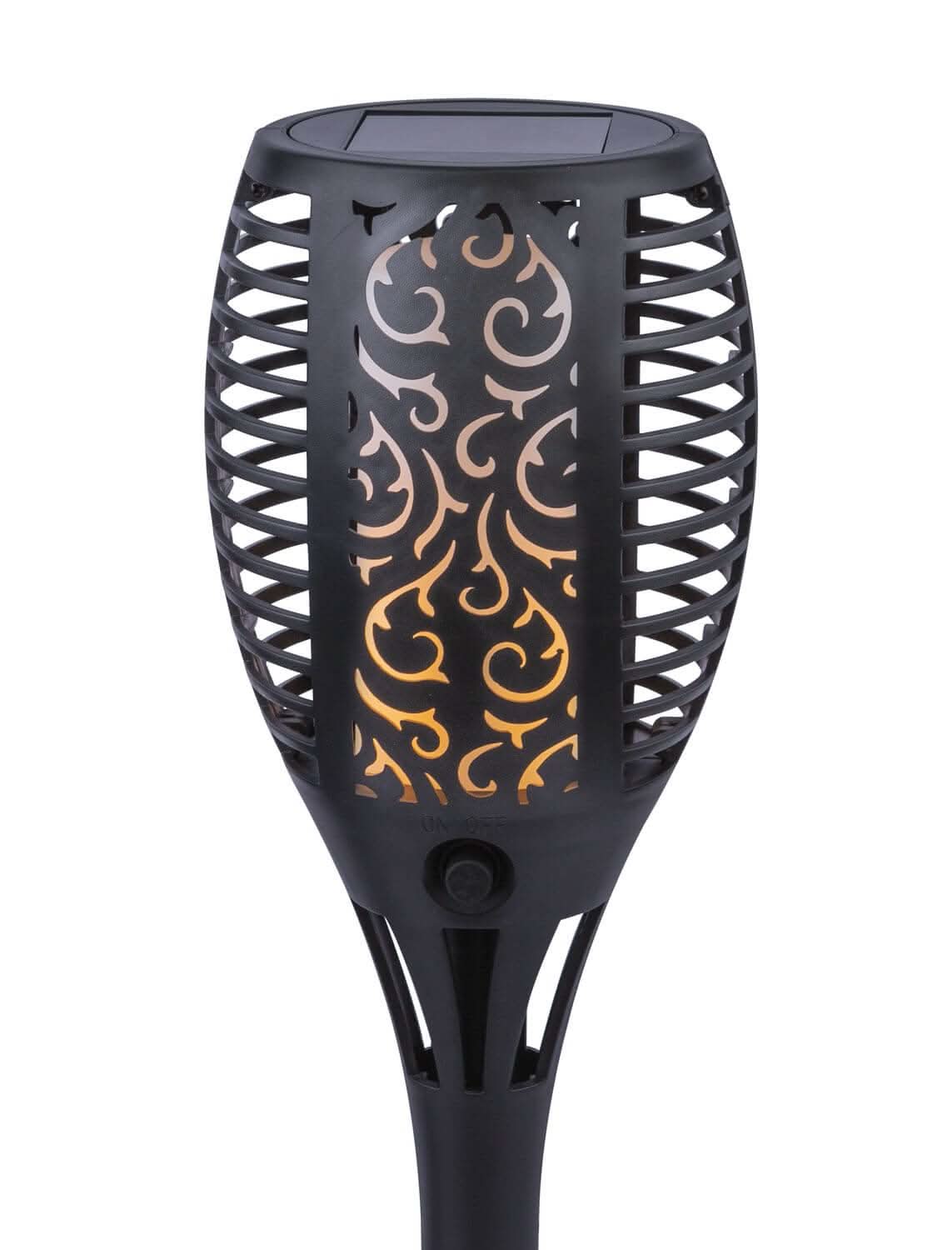 Gros plan sur la tête ajourée, motif arabesque lumineux, panneau solaire et bouton.
