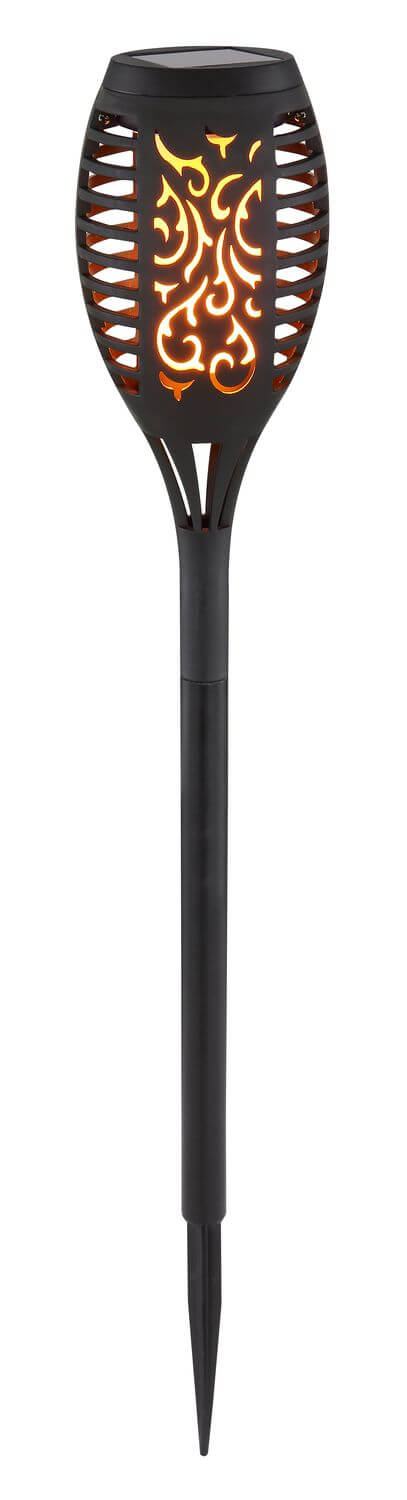 Vue de face d'une torche solaire noire à piquer, produit éteint sur fond blanc.