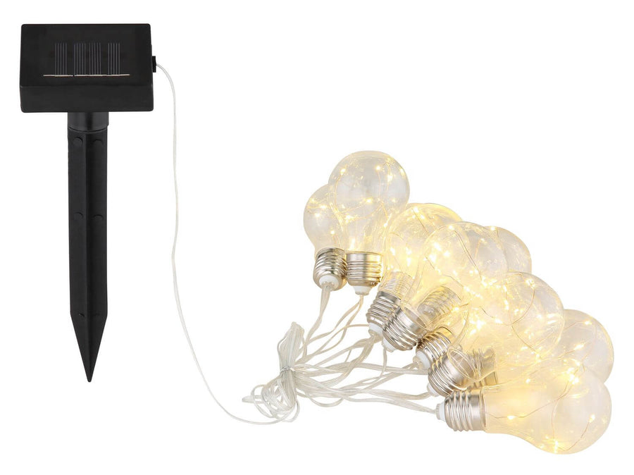 Guirlande solaire avec panneau noir, piquet et ampoules transparentes empilées allumées